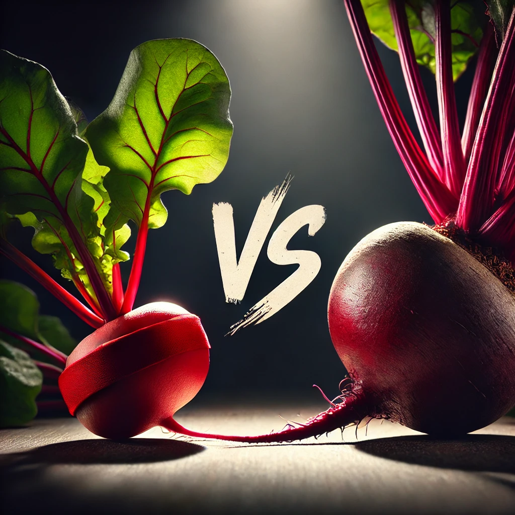 Comparison of radish and beetroot with 'VS' text, highlighting the differences between these two root vegetables.