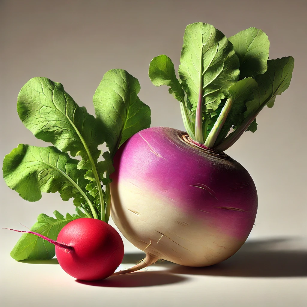 Close-up of a fresh radish and turnip with green leaves, showcasing their vibrant colors and fresh appearance