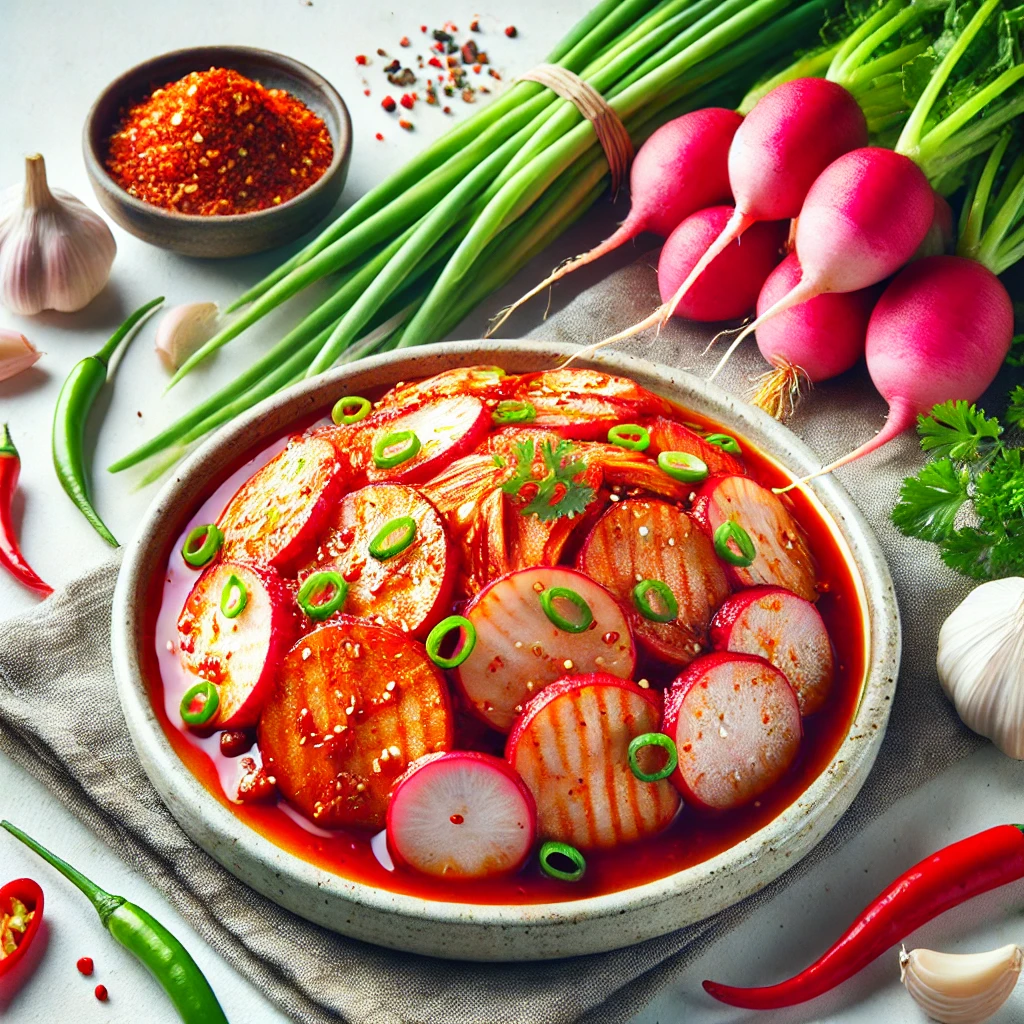 Radish kimchi in a bowl surrounded by fresh ingredients, highlighting the vibrant colors and healthy components of this Korean dish.