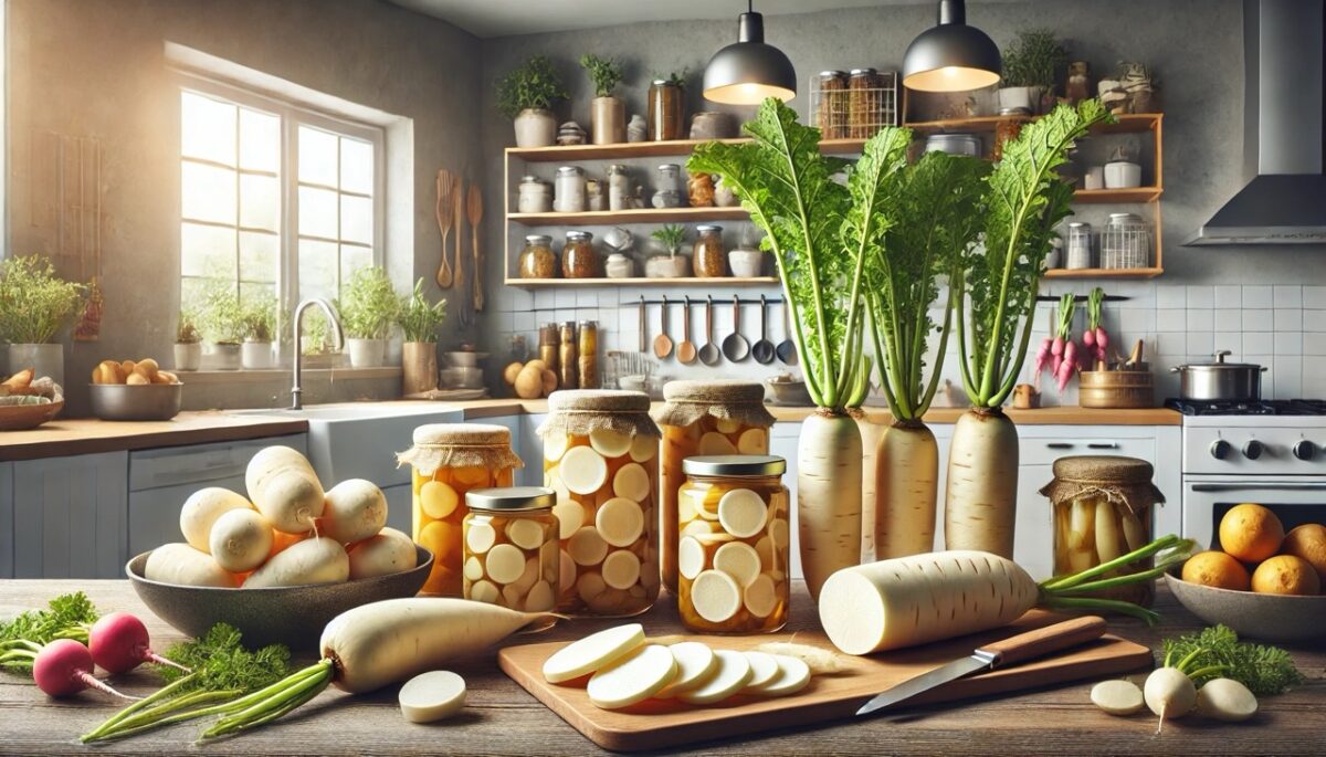 Various uses of daikon radish in a modern kitchen, including whole radishes, sliced for cooking, and pickled in jars