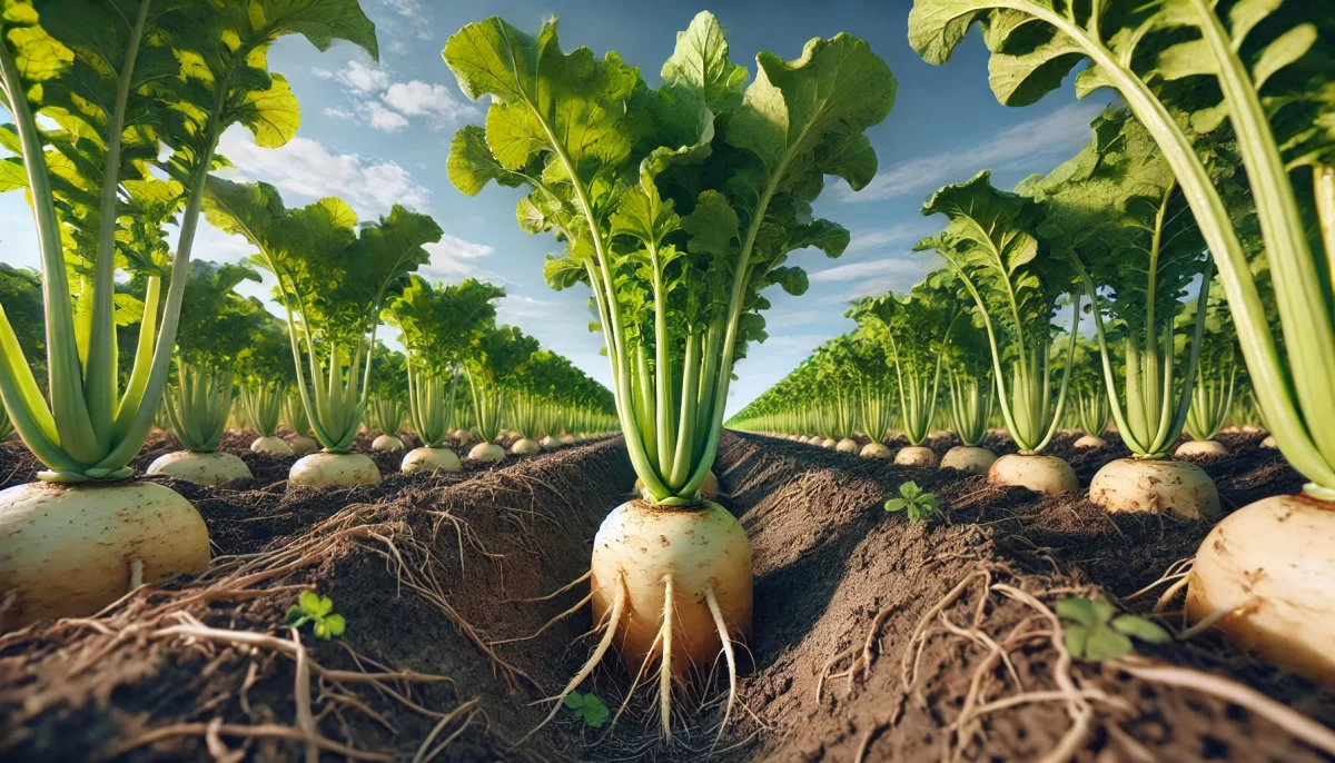 Fodder radish plants growing in a field with large green leaves and white roots visible in the soil.